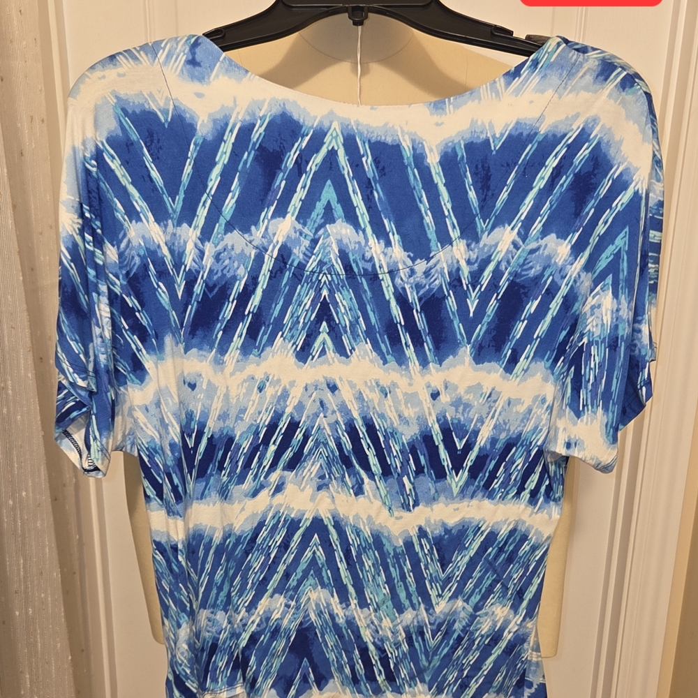 Ruby Rd. Blue and White Patterned Sequin Tee - Picture 2 of 5